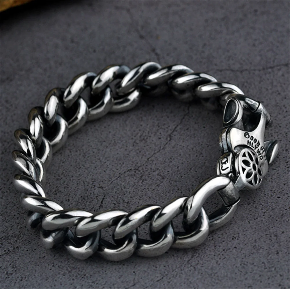 Solid 925 Sterling Silver Heavy Bracelet Mens Blossom Clasp Buckle Chain Punk Thai Silver Jewelry Gift 91g