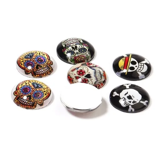 20pcs/lot Skull mixed 10/12/14/18/20mm Round photo glass cabochon demo flat back Making findings no hole