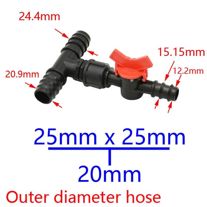 Reductor de conector en T para riego de jardín, divisor de agua con grifo, conector wate 1/2 3/4, 25mm, 20mm a 16mm, 1 unidad