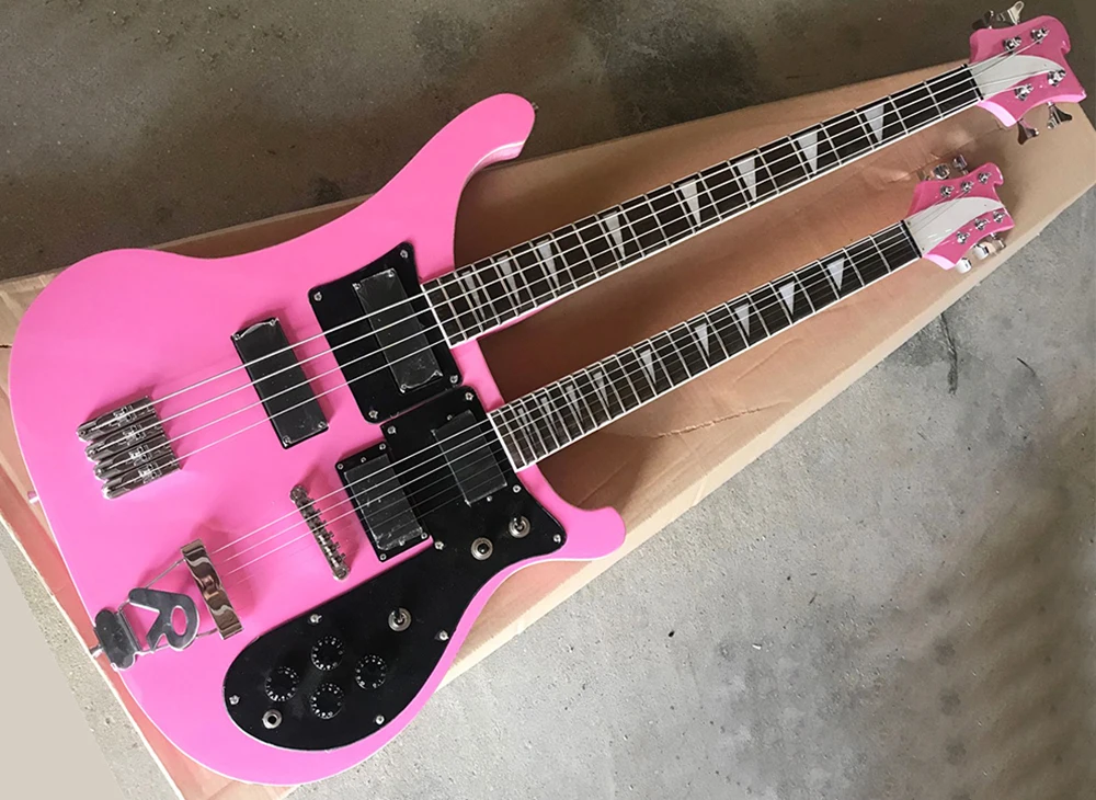 

Factory Outlet-Free Shipping Pink 4+6 Strings Double Necks Electric Guitar with Rosewood Fretboard