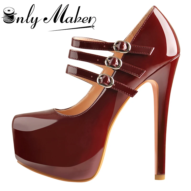 Onlymaker Women Mary Jane Stilettos Platform High Heel Pumps Party Dress Round Toe Three Buckles Chic Comfort Black Sexy Heels