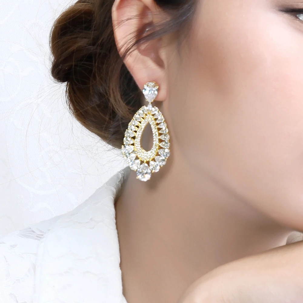 

Teardrop big earrings Champagne,Clear Cubic zirconia stones sieraden bohemian sobretudo feminino Luxury Large earring jewelry