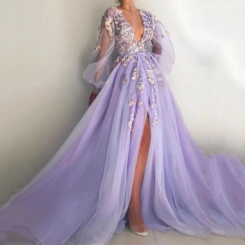 

New Long Sleeves Evening Dress Party Gowns Robe De Soiree Formal Prom Dresses Plunging 3D Flowers Beading Top Evening Gowns