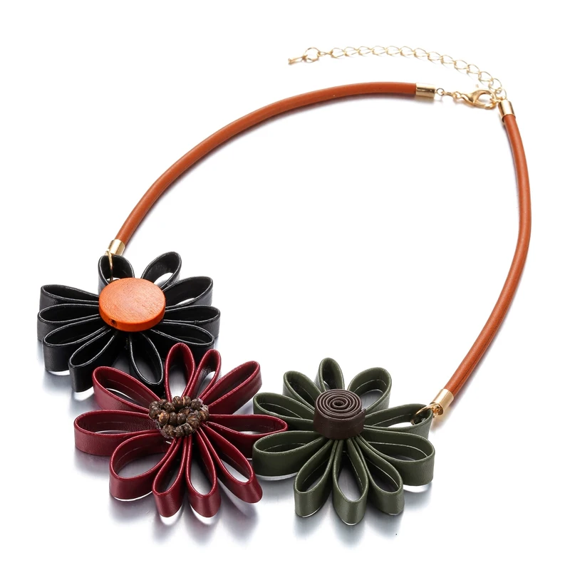 Leather Sun Flower Big Necklace for Women Hand Made Statement Necklace Pendant Vintage Ethnic Jewelry for Gift Party MX110