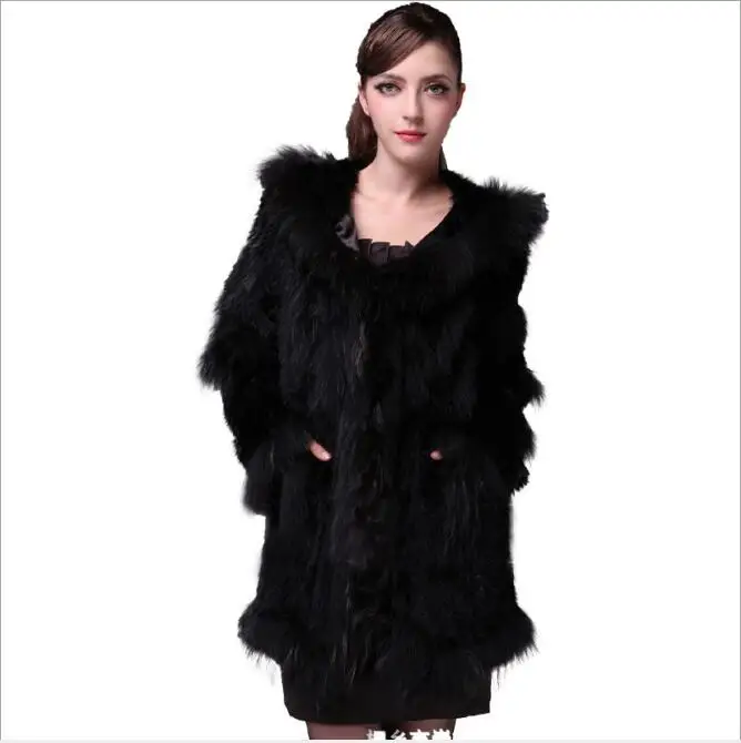 2024 New Style Knitted Rabbit Fur Jacket Fashion Fur Coats Women Winter Fur Overcoat hood racccoon fur collar