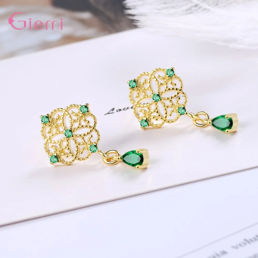 Luxury Palace Style Earrings Hollow Chinese Lace 925 Silver Gold Color Earrings Emerald Green Zircon Water Drop Earrings Jewelry