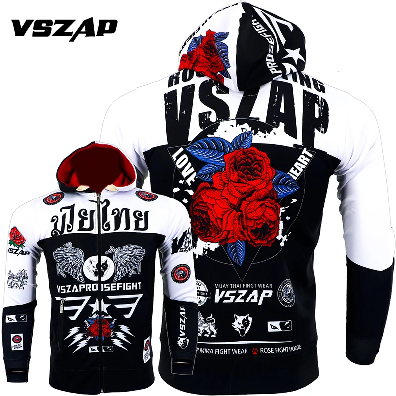 VSZAP Rose Warm Boxing Muay Thai Sweatshirts Gym Cloth Shirt Fighting Martial Arts Fitness Men MMA Rock Hoodies Workout Jacket