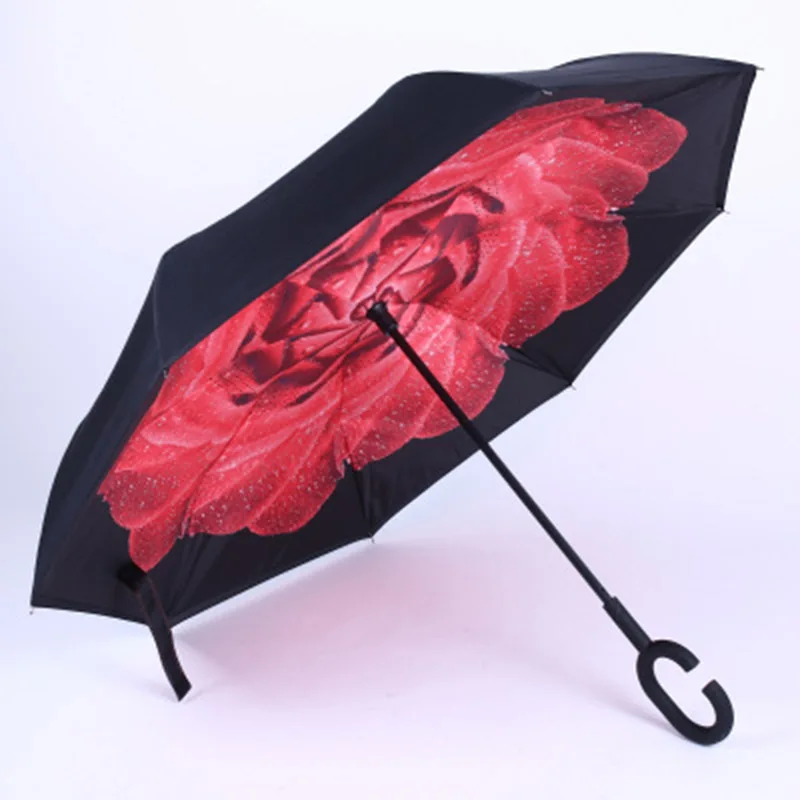 C Handle Windproof Reverse Folding Umbrella Man Women Sun Rain Car Inverted Umbrellas Double Layer Anti UV Self Stand Parapluie