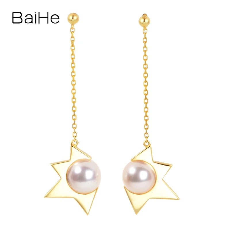 BAIHE Solid 18K Yellow Gold Natural Freshwater Pearls Sun Stud Earrings Women Party Wedding Fine Jewelry boucle d’oreille серьги