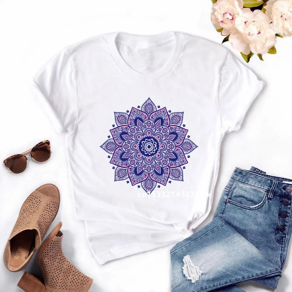 Mandalas stripes Women's Summer Harajuk Print T-shirt Summer Fashion Casual White Short Sleeved O-collar T-shirt Girl,Drop Ship