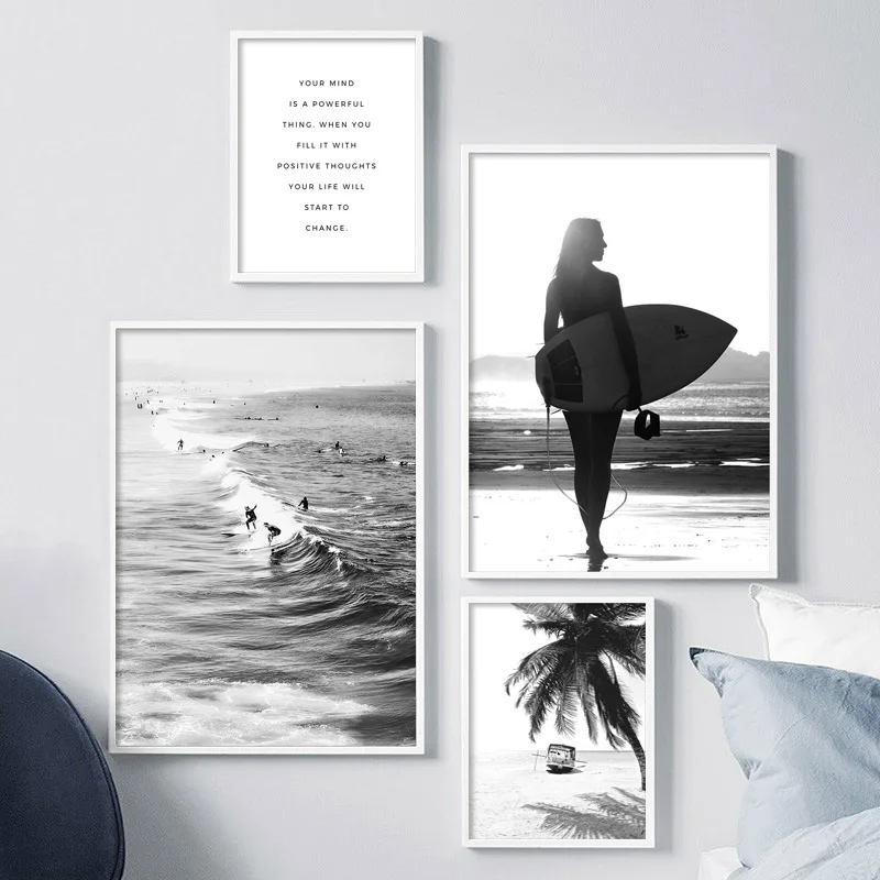 Black White Sea Wave Nature Landscape Canvas Nordic Positive Live Poster Wall Art Print Painting Pictures for Living Room