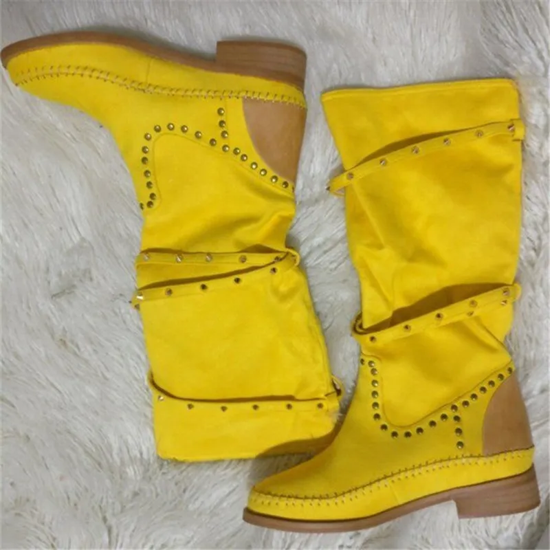 New Yellow Rivets Studded Mid Calf Winter Boots Women Suede Leather Round Toe Flat Heels Gladiator Shoes Punk Cowboy Boots Woman