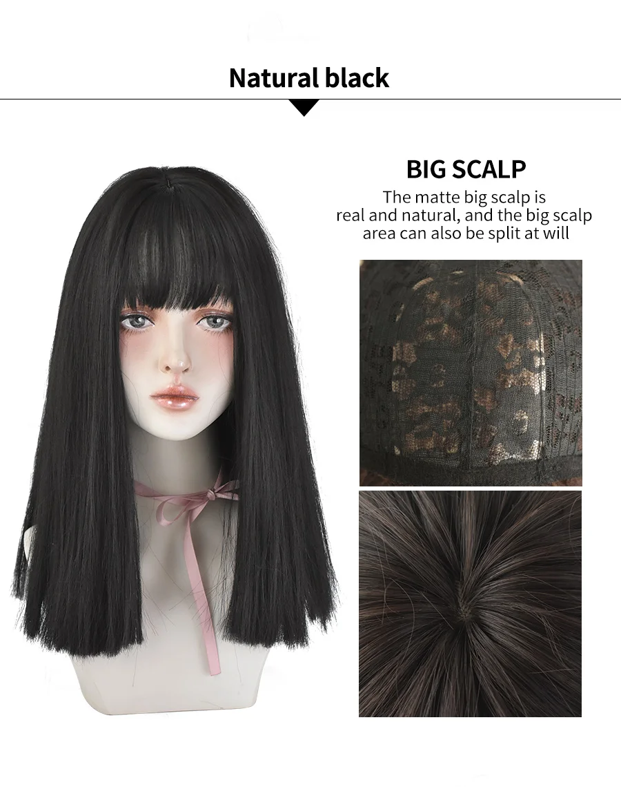 7JHH Wigs Black Straight Synthetic Wig with Bangs