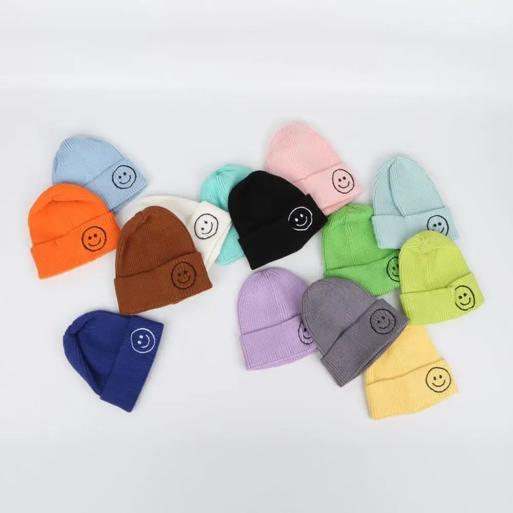 Baby Solid Color Cartoon Smile Embroidery Knitted Hats Kids Girls Boys Autumn Winter Warm Beanies Caps