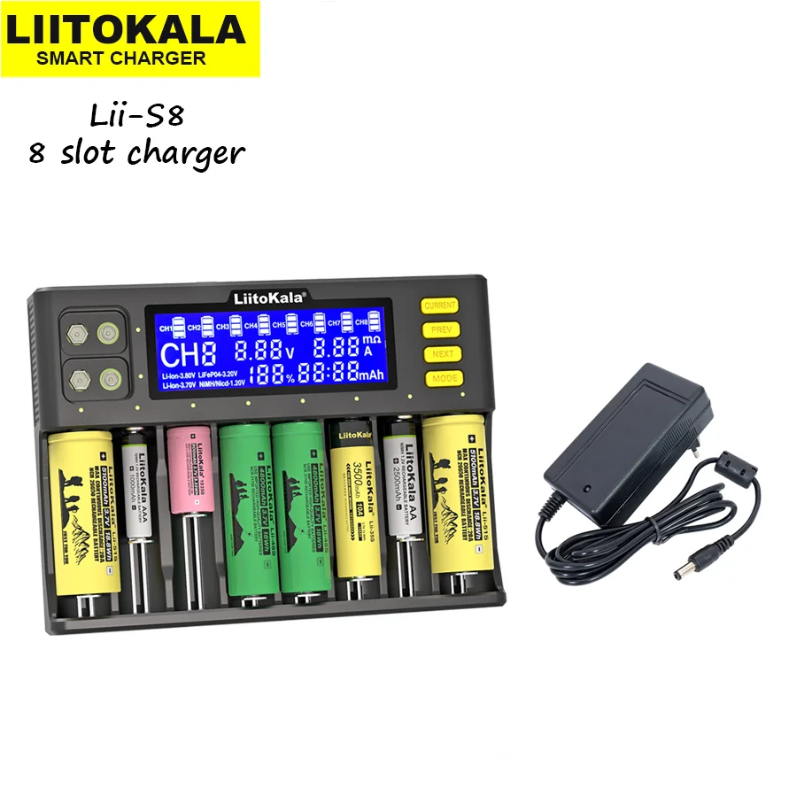 LiitoKala Lii-S8 Battery Charger  Li-ion 3.7V  NiMH 1.2V Li-FePO4 3.2V IMR 3.8V charger  for 18650 26650 21700 26700 AA AAA