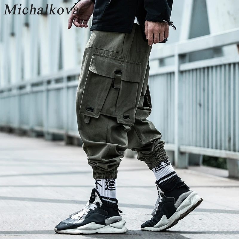 michalkova mens dark 2022SS Paratrooper pants multi function big pocket Streetwear Pants Casual Overalls Leggings trousers Cargo