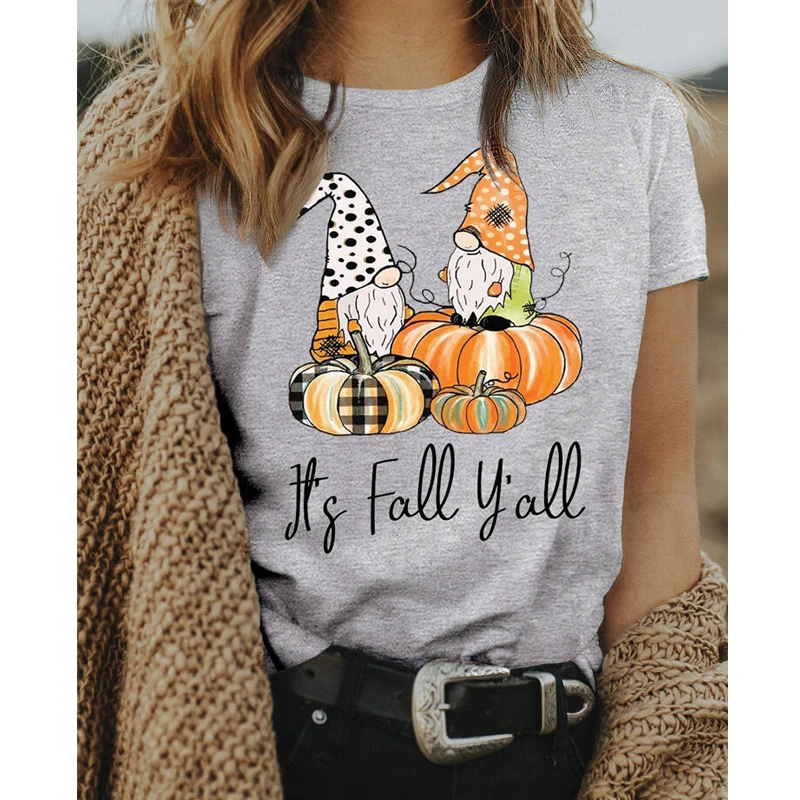 Colored It's Fall Y'all T-shirt Cute Women Thanksgiving Pumpkins Holiday Gift Tshirt Kawaii Gnomies Graphic Tee Shirt Top Femme