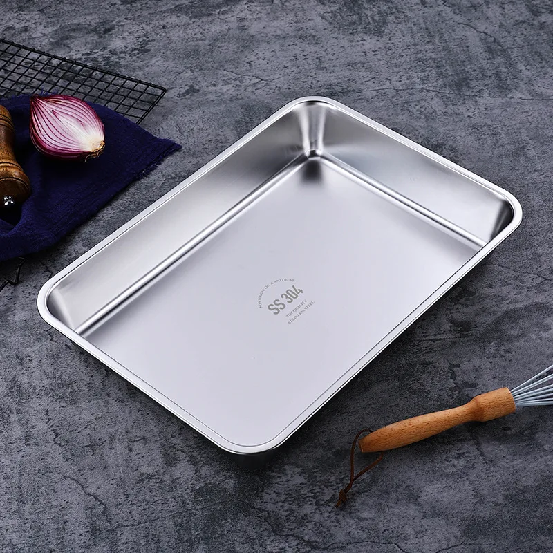 Durable 304 Stainless Steel Food Storage Tray Rectangle Pan Buffet Plates Cake Bread Bakeware Kitchen Organizer Dish