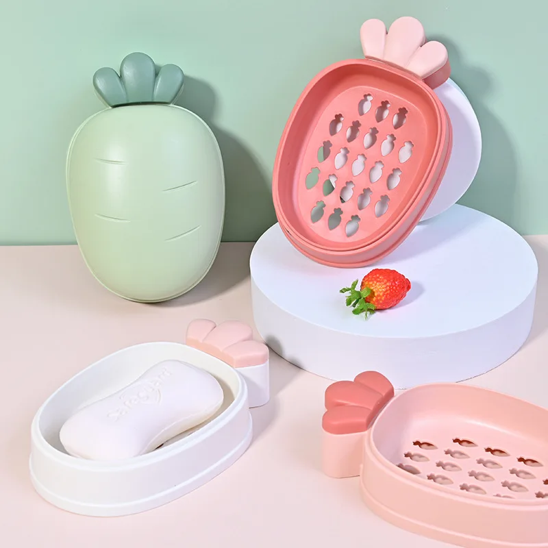 1pc Soap Container with Lid Draining Holder Portable Soap Dish Plastic Creative Design Cute Radish Shape Soap Box Bathroom Ware