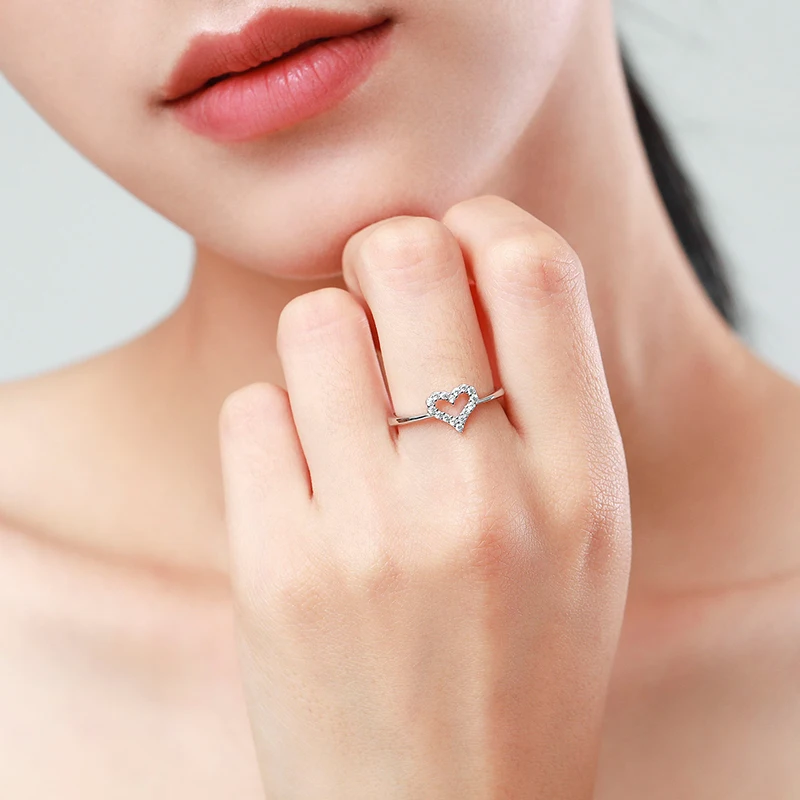 Ailmay Fine Romantic Hollowed Heart 925 Sterling Silver Clear Zircon Finger Ring For Women Wedding Engagement Statement Jewelry