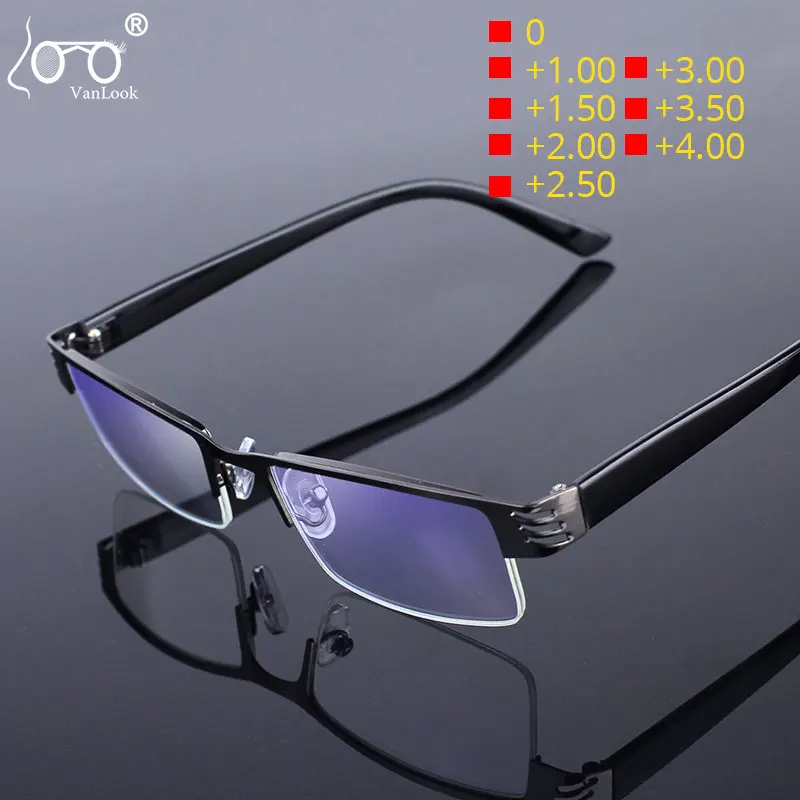 Vanlook Reading Glasses Frames Men Metal Half Rim Eyeglasses Frame Anti Blue Ray UV For Computer Optical Spectacle 0 +100 +2.50