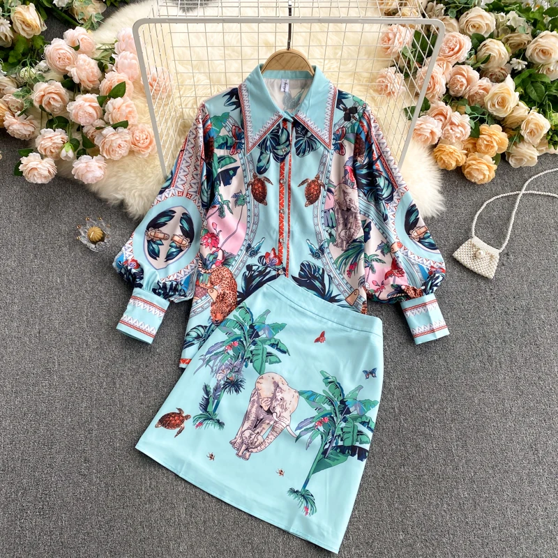 2021 Spring Two Piece Set Women\'s Suit Turn-down Colla Long Sleeve Blouse Tops And High Waist Shirts Vintage Printed Sets