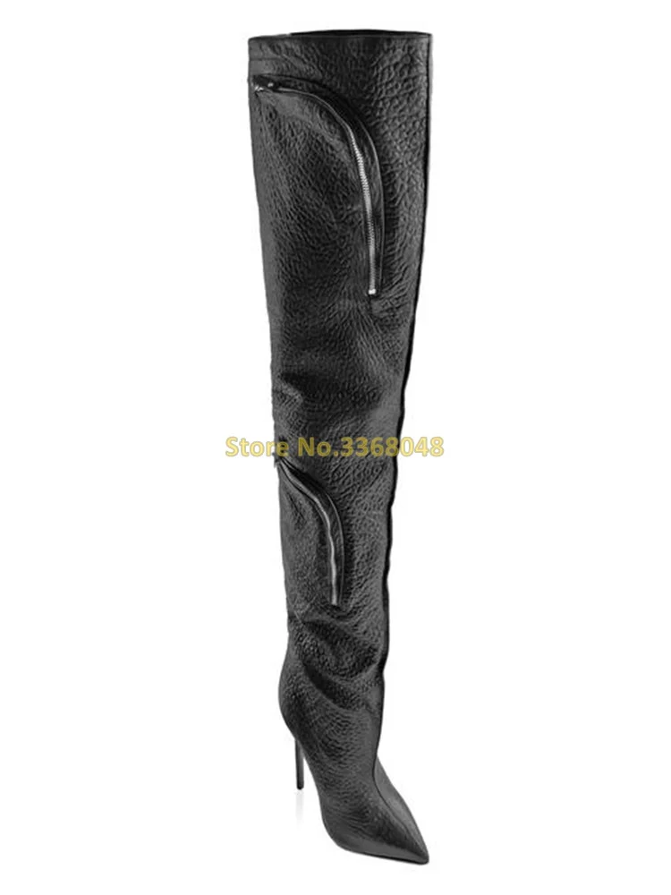 Leather Cargo Boots Zipper Decor Thigh High Winter Women Shoes Slim High Heeled Over The Knee Fashion Pointed Toe Runway Boots