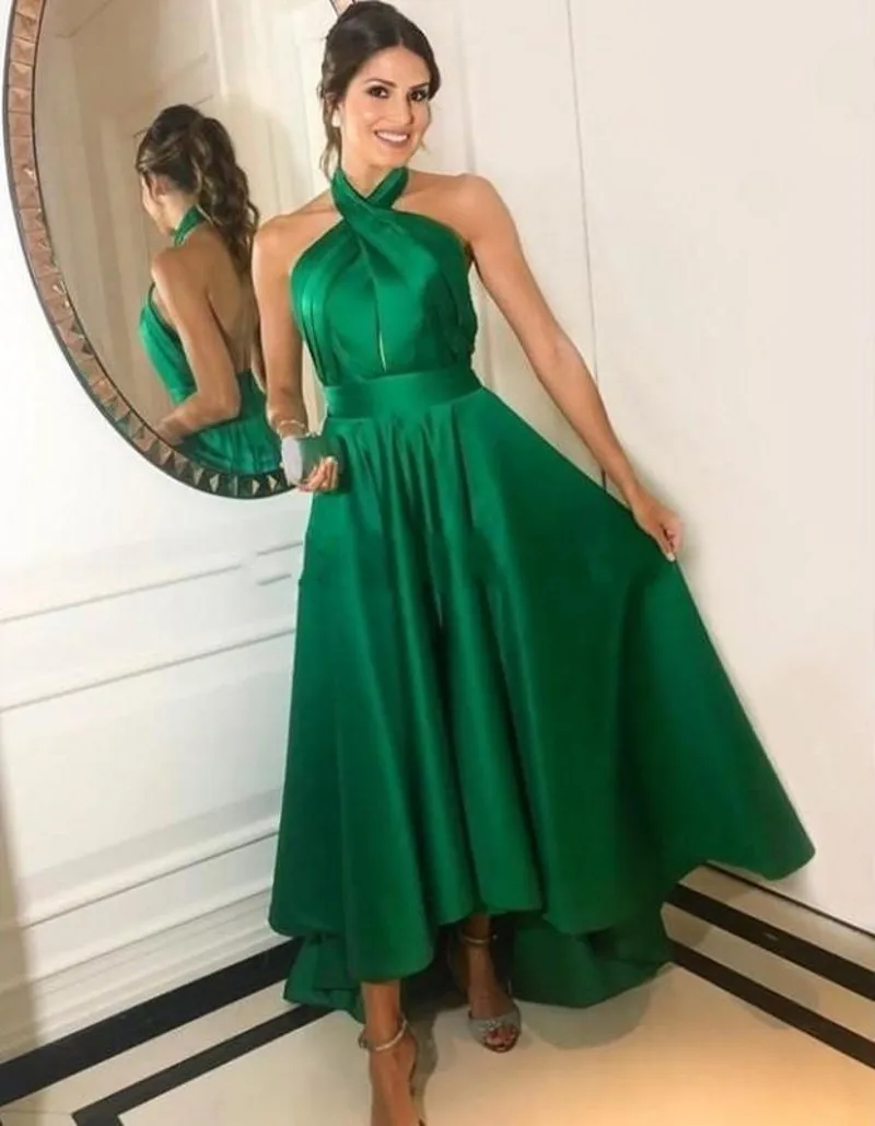 

Emerald Green Prom Dresses 2020 Halter Backless High Low Pleats Long Formal Evening Party Gowns for Sweet 16 Plus Size vestidos