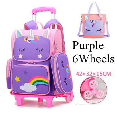 Conjunto de bolsa escolar com rodas, 6 rodas, escola primária, desenho animado, mochila fofa 3 em 1, bolsa escolar infantil, 2 rodas, carrinho, bagagem, mochilas escolares