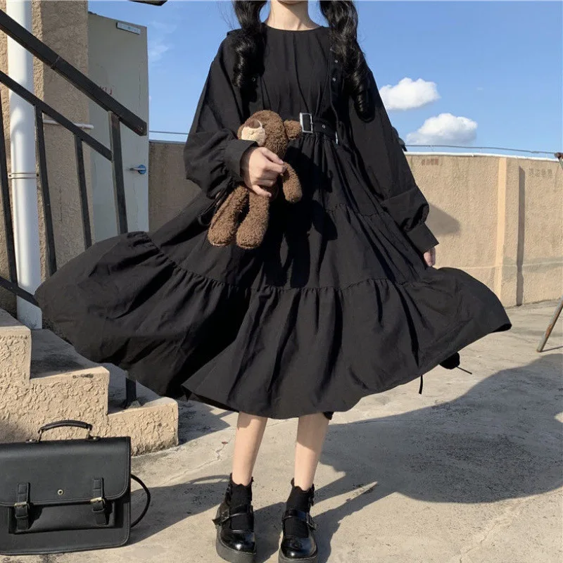 

Gothic Style Dress Women Harajuku Gothic Lolita Goth Kawaii Dress Punk Cute Long Sleeve Black Midi Dress 2021 Emo Oversize