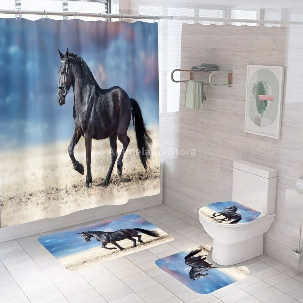 

Black Horse Shower Curtains Animal Cool Bathroom Curtain Bath Set Toilet Cover Mat Non-Slip Washroom Rug Set Modern 180x180cm