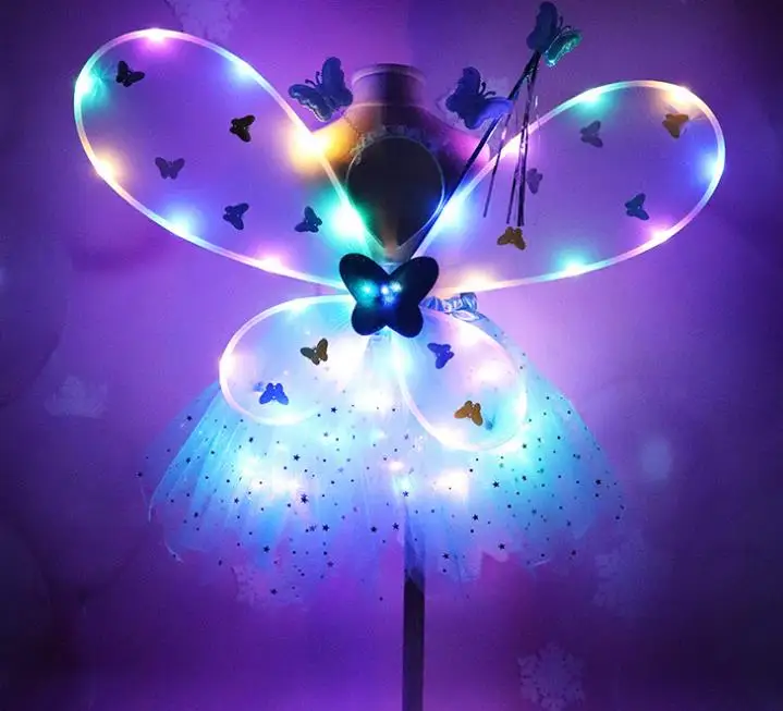 Girl LED Butterfly Wings Set withTutu Skirt Fairy Wand Headband Fairy  Princess Light Up Party Carnival Costume props 2-8T