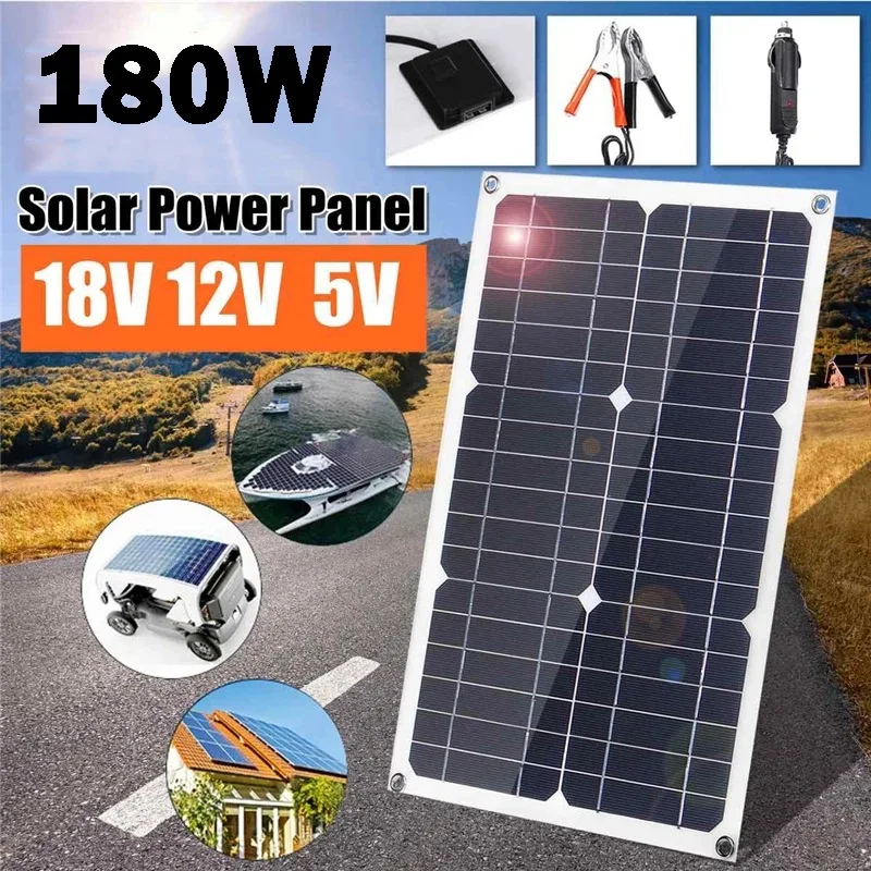 

180W Protable Solar Panel Kit 18V/5VDual USB Charger Port with 10-60A Solar Charge Controller for Outdoor Phone Battery Charger