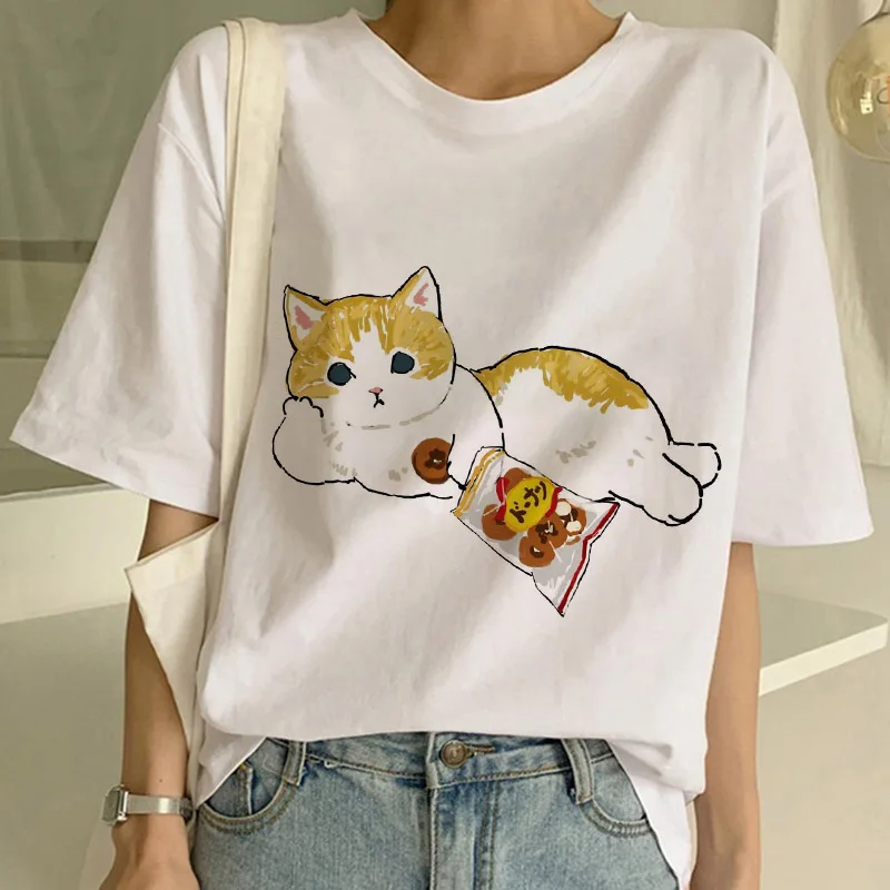 Summer New Cute Cat Funny Cartoon T-shirt Harajuku Graphic Ulzzang Tshirt 90s Print T Shirt  Fashion Aesthetic Ladies Tee shirt