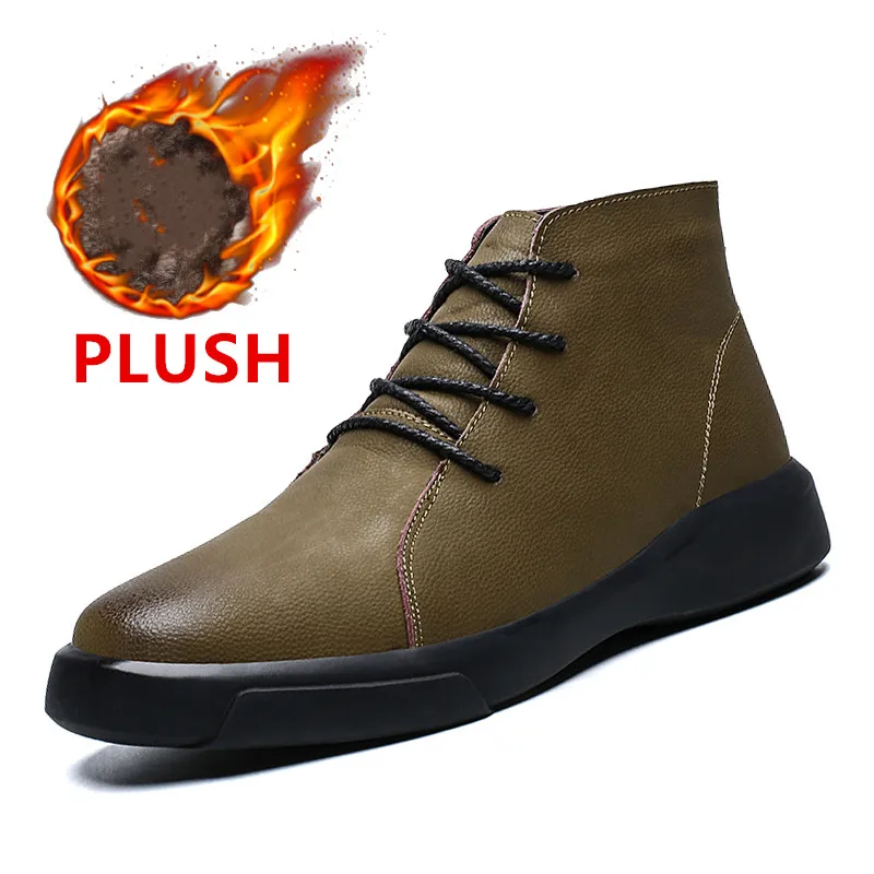Botas de nieve con cordones para hombre, botines cálidos de felpa, de cuero genuino, para otoño e invierno, 38-47