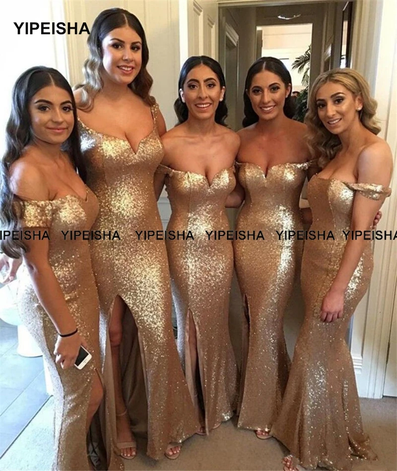 Yipeisha abito da damigella d'onore con paillettes dorate Glitter abiti da sera a sirena con spalle scoperte abito da sera lungo con spacco laterale per matrimonio