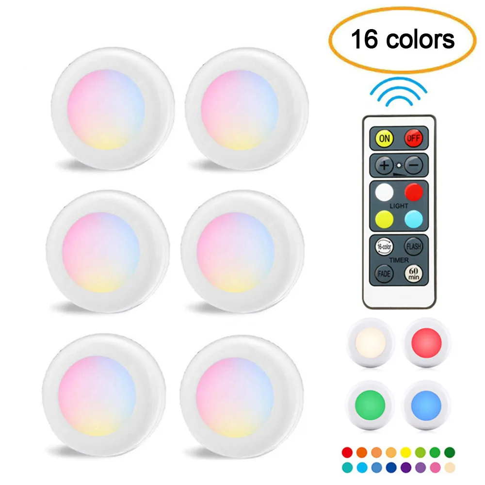 16colors RGB LED Puck Light Under Cabinet Closet Wardrobe Stairs Lights Touch Sensor 3 Modes Wireless Dimmable Night Lamp