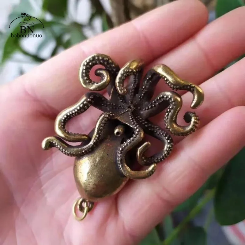 Octopus Figurines Lucky Ornaments Solid Brass Marine Animal Miniatures Squid Decorations Accessories Vintage Keychains Pendants