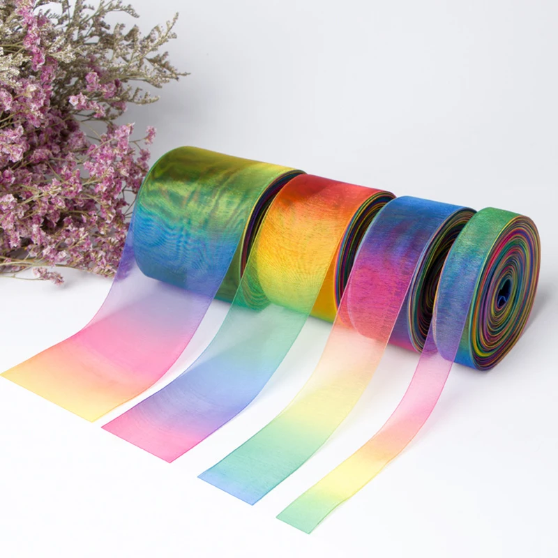 5 Yards/Roll 6 9 16 19 25 38mm Gradient Colors Rainbow Printed Organza Ribbon for Hair Bows DIY Handmade Materials Gift Wrapping