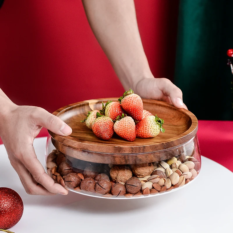 Glass Bottle Nuts Jar With Acacia Wooden Lid Double Storage Tank Dry Fruit Cereal Candy Container Box Transparent Large-Capacity
