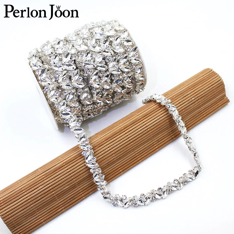 Glittering Delicate Leaf Glass Rhinestone Trim Gold Silver Plating Crystal Chain DIY Bridal Decorative Accessories ML147