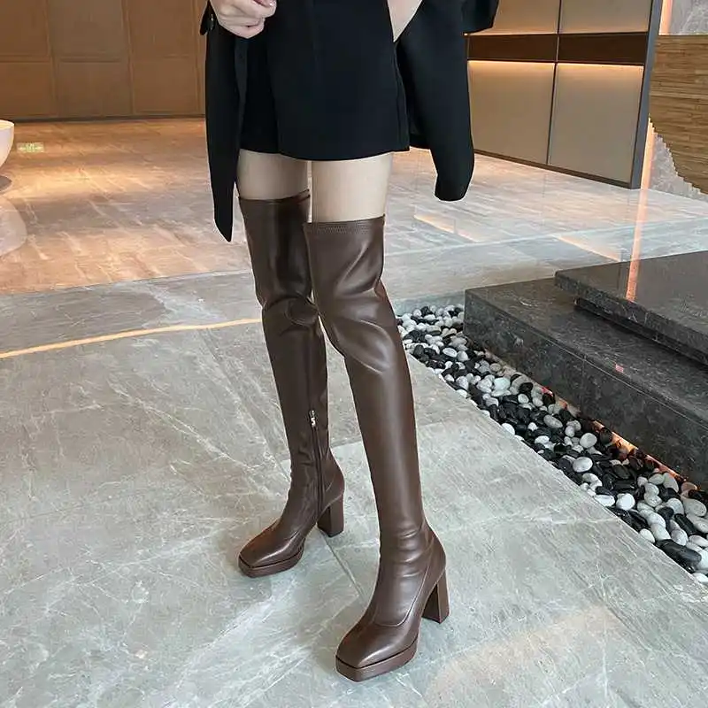 Krazing Pot Genuine Leather Square Toe Super High Heels Waterproof Korean Street Pretty Girls Classic Over-the-knee Boots L42