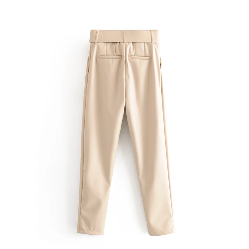 Donne Chic Nero Dell'unità di Elaborazione Del Faux Pantaloni di Pelle di Modo di Vita Alta Tasche Signore Ufficio Pantaloni con La Cinghia Casual Pantaloni a Pieghe Gonne E Pantaloni