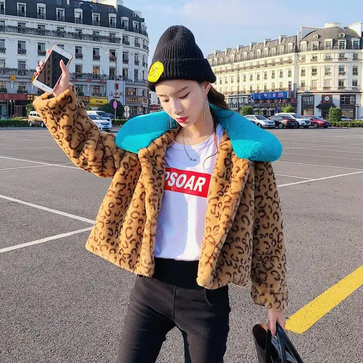 2020 Short Winter Fur Jackets Turn-down Collar Leopard Rex Rabbit Fur Coats Women  Winter Thick Faux Fur Coats And Jackets Coats