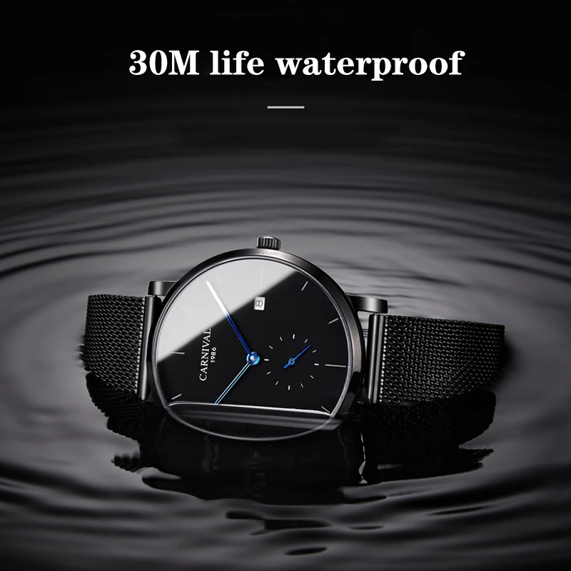 Carnival Fashion Mechanical Watch Men Black Stainless Steel Mesh Strap Waterproof Calendar Small Seconds Design Mens Watches