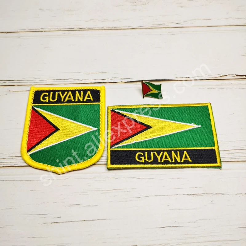 Guyana National Flag Embroidery Patches Badge Shield And Square Shape Pin One Set On The Cloth Armband Backpack Decoration Gifts