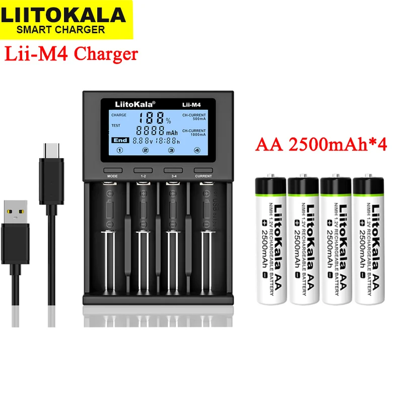 NEW LiitoKala Lii-M4 18650 li ion battery Smart Charger Test capacity + liitokala AA 1.2V NiMH 2500mAh Rechargeable batteries