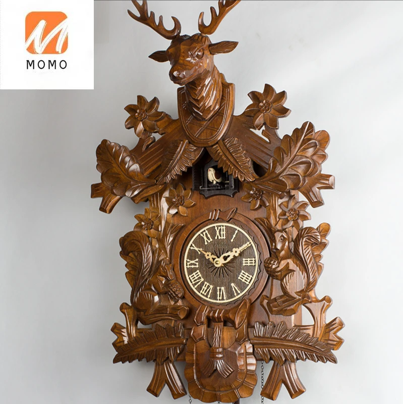 Deer Creative Cuckoo Wall Clock Wood Hand-carved Retro Antique Wall Clock European Big Music Living Room Home Decoration W6B