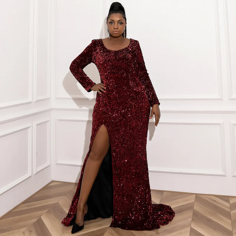 

Burgundy Plus Size Evening Dresses African Mermaid Long Sleeves Sequins Long Turkey Dubai Saudi Arabic Evening Gown Prom Dress