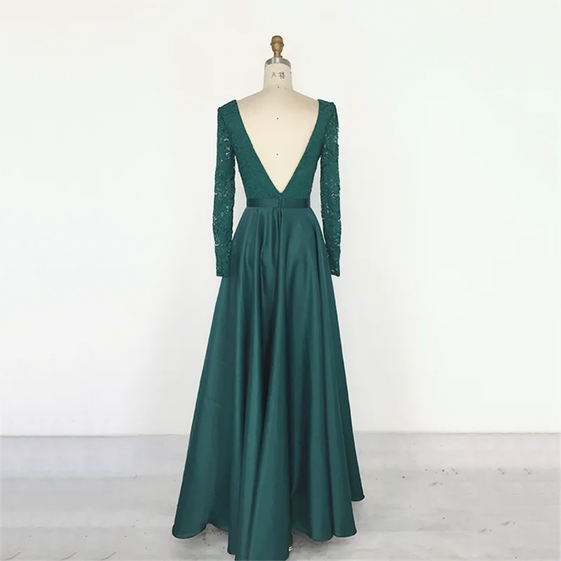 Vestido de fiesta verde oscuro para madre, elegante vestido de noche con cuello en V profundo, encaje de satén, manga larga, línea A, 2020